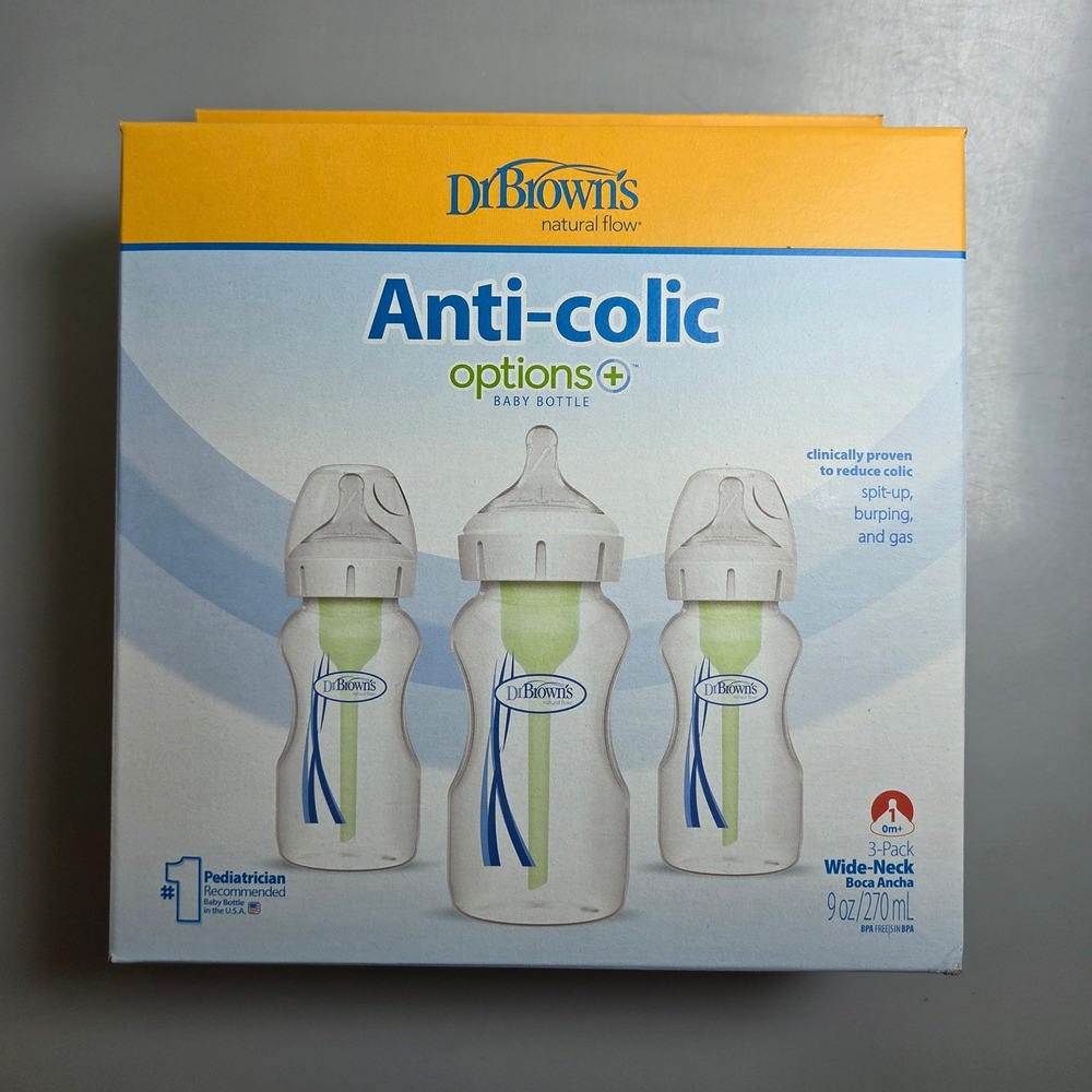 Dr Brown's Natural Flow Options+ Anti-Colic Baby Bottle 9oz 3-Pack Wide-Neck NEW